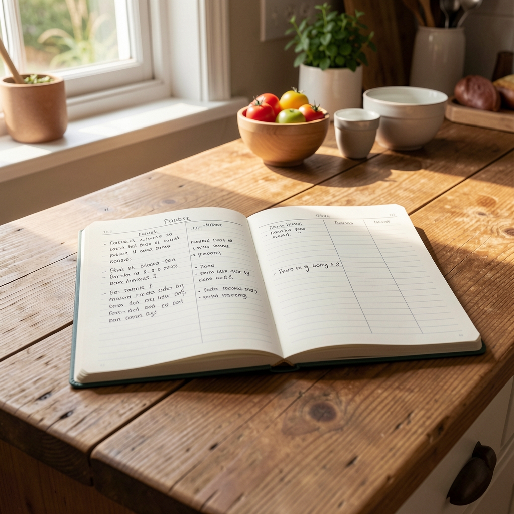 Open food journal notebook on a wooden kitchen table with handwritten daily meal records, morning light from window