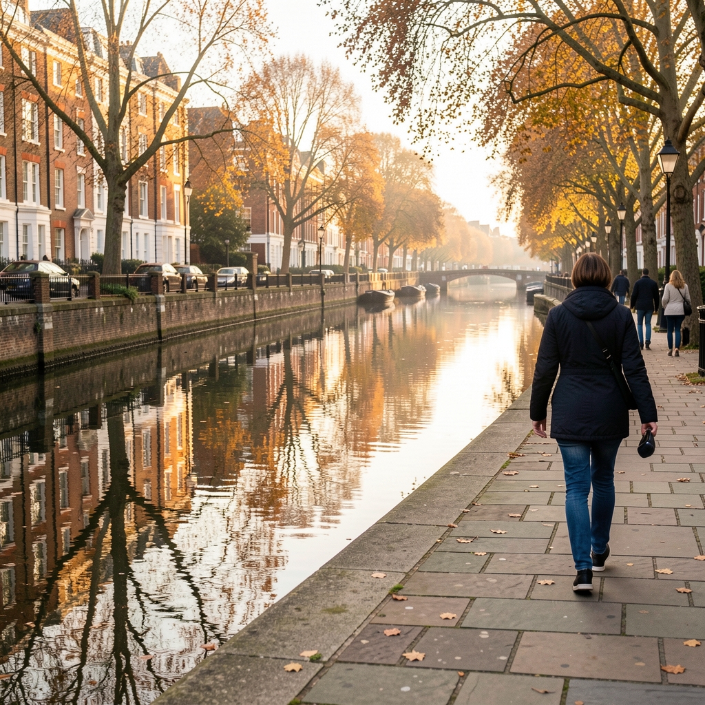 Person walking along a quiet London canal towpath in morning light, autumn trees reflected in still water, active morning movement