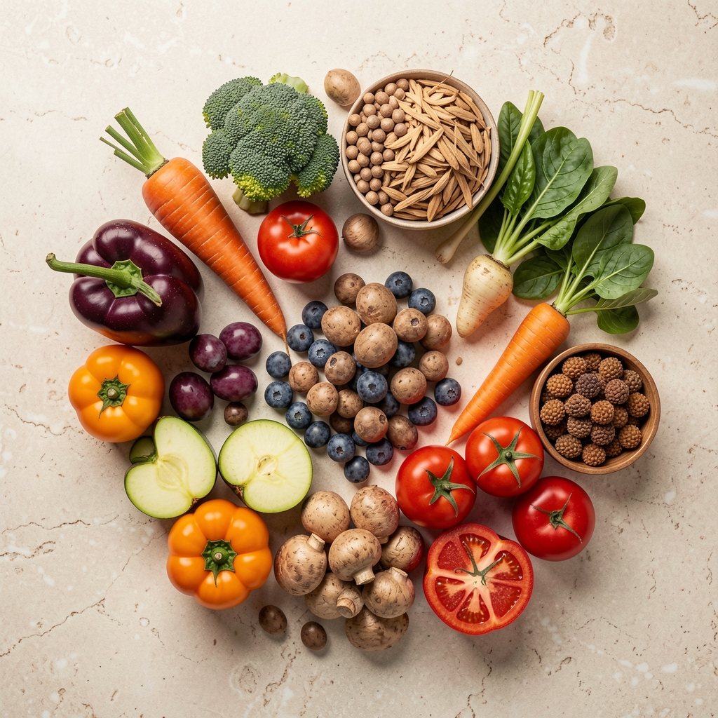 Seasonal vegetables and whole foods arranged on a pale stone surface, editorial overhead composition